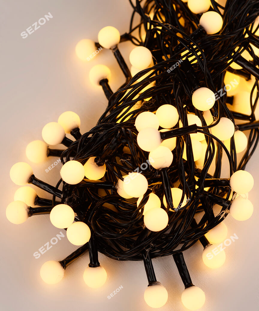 Кульки 10мм 100 LED 6м  чорний провід, білий теплий