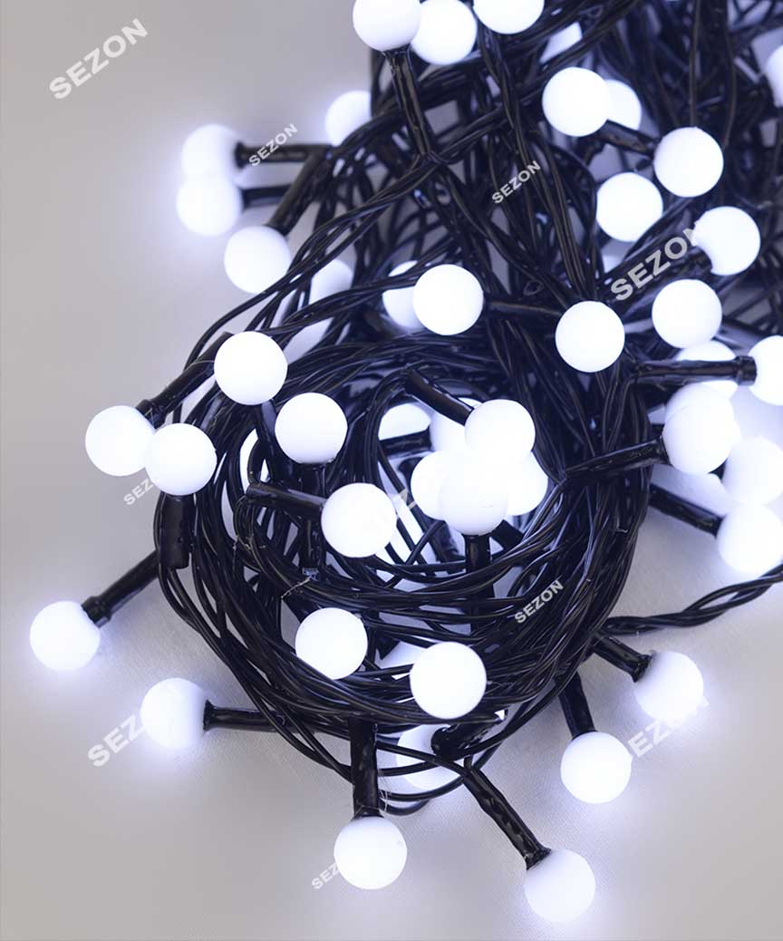 Кульки 10мм 200 LED 10м  чорний провід, білий