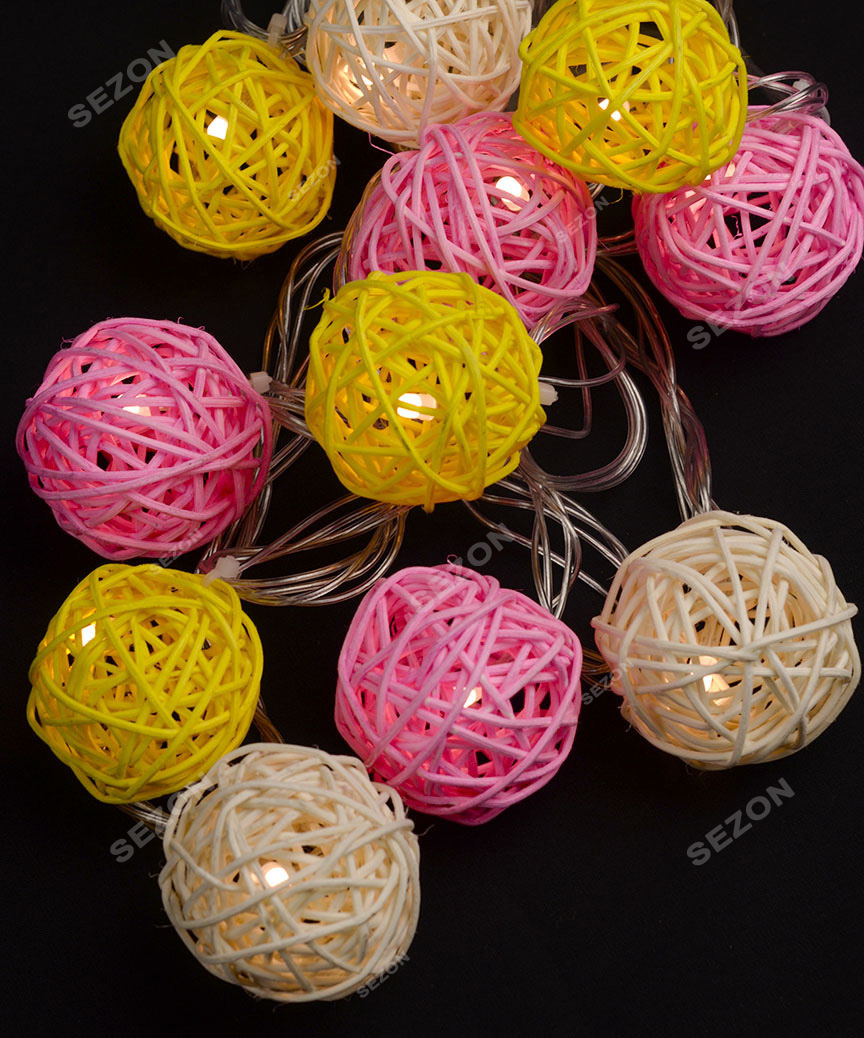 Кульки ротангові кольорові 12 LED  4м+ перехідник, теплий білий
