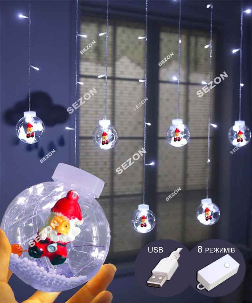 Штора-кульки Дід Мороз 200л 3м*0,8м, реле 8 режимів +USB, білий
