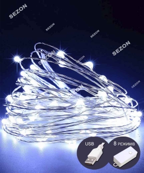 Купить РОСА 100 LED 10м,  реле 8 режимів +USB  білий