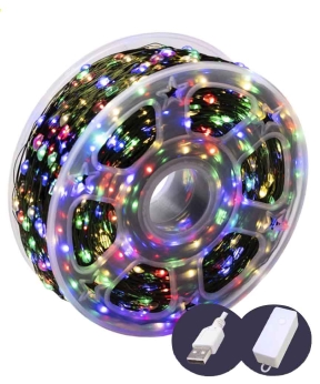 Купить Роса на катушці 1000 LED 100м зелений провід, 8 режимів +USB, мульті