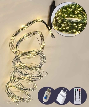 Купить Пучок-роса  2.4m 30 ліній 720LED, зелений провід, реле 8 режимів +USB, пульт ДК, теплий білий (50)