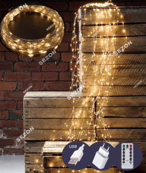 Купить Пучок-роса  3m 30 ліній 900LED, реле 8 режимів +USB, пульт ДК, теплий білий  (50)