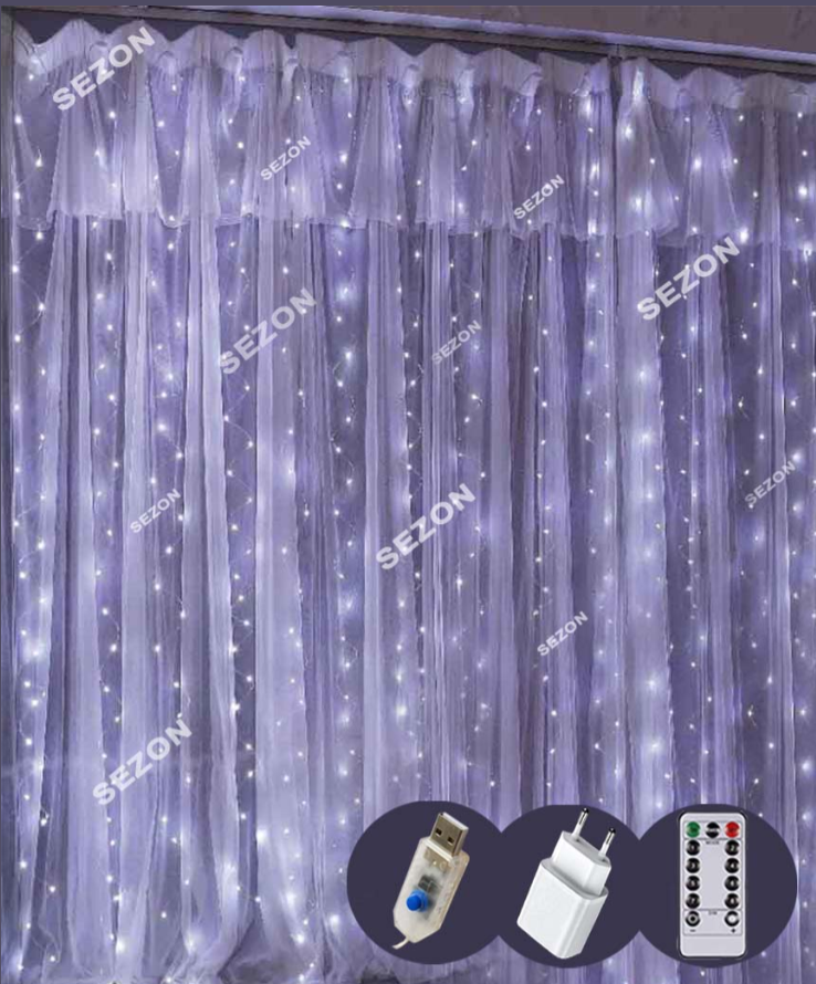 Штора-роса 3m*2m 20 ліній 400led, USB адаптер, пульт ДК,  білий (50)