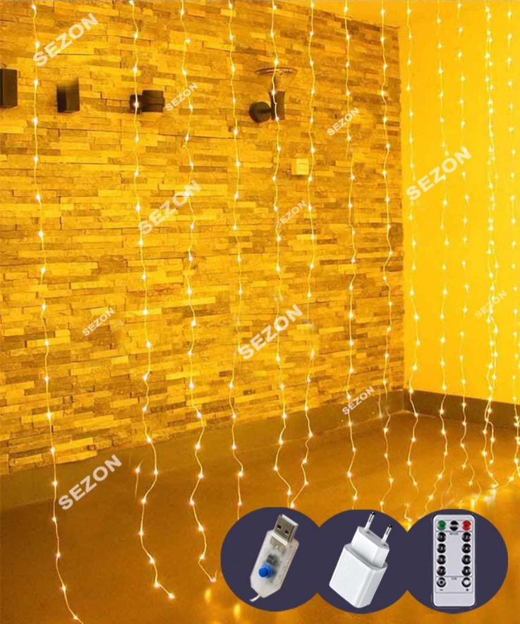Штора-роса 3m*2m 20 ліній 400led, USB адаптер, пульт ДК,  білий теплий (50)
