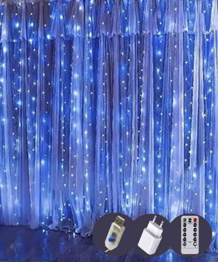 Штора-роса 3m*2m 20 ліній 400led, USB адаптер, пульт ДК,  синьо- білий (50)