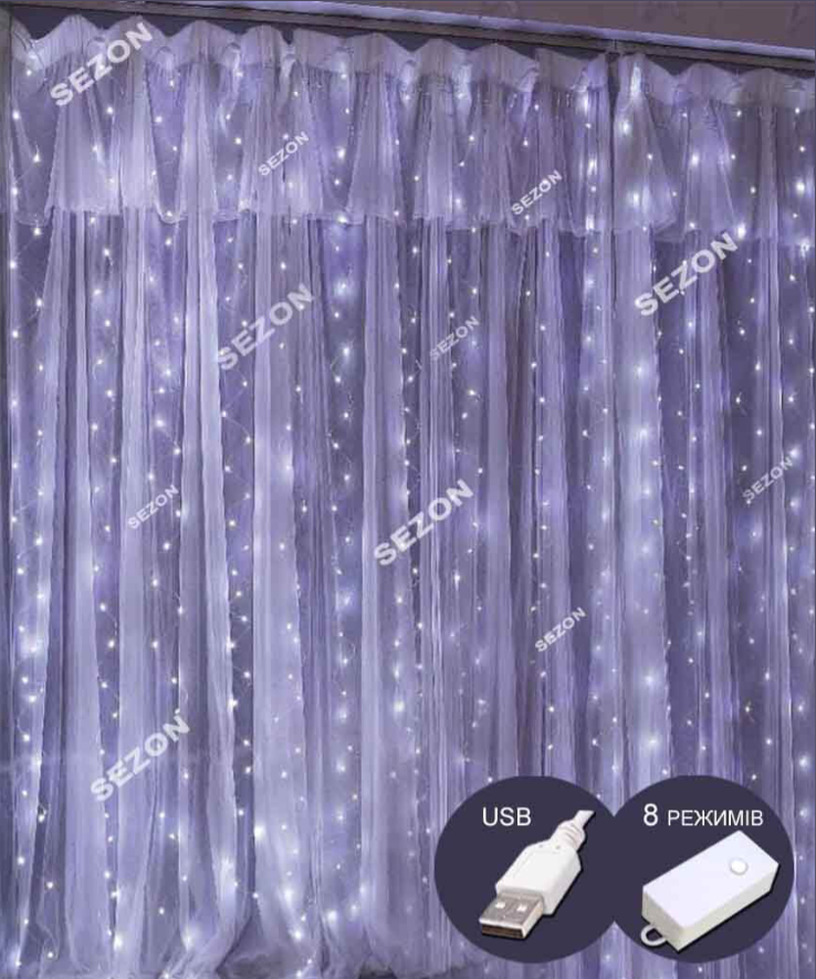 Штора-роса 3m*2m 20 ліній 400led, реле 8 режимів +USB, білий   (50)