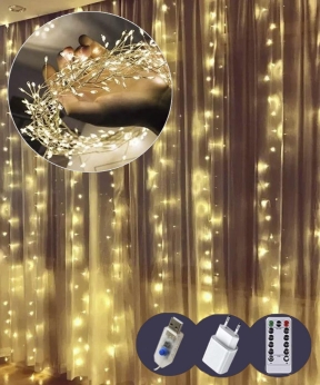 Купить Штора роса-мішура 3m*3m 10 ліній 900led, реле 8 режимів +USB, пульт ДК, теплий білий  (50)