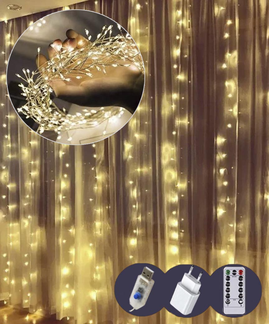 Штора роса-мішура 3m*3m 10 ліній 900led, реле 8 режимів +USB, пульт ДК, теплий білий  (50)
