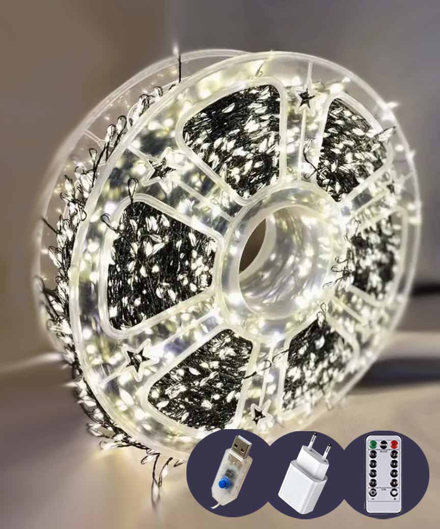 Роса-мішура 30m 1200LED, зелений провід, 8 режимів +USB, пульт ДК, білий  (30)