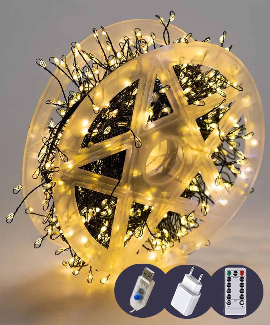 Роса-мішура 20m 800LED, зелений провід, 8 режимів +USB, пульт ДК, теплий білий  (30)