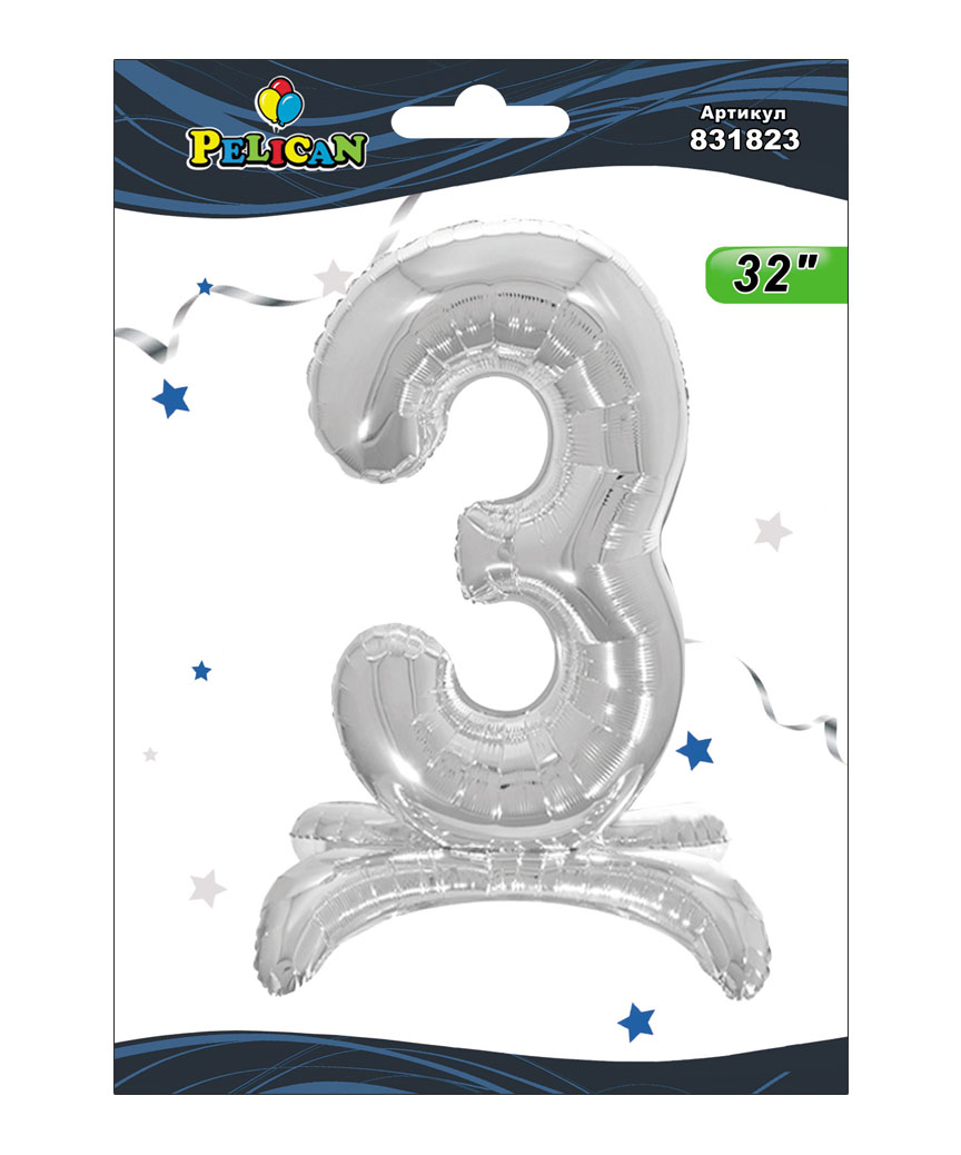 Цифра на подставке Pelican, "3" серебро 80см, (индивидуальная упак.)