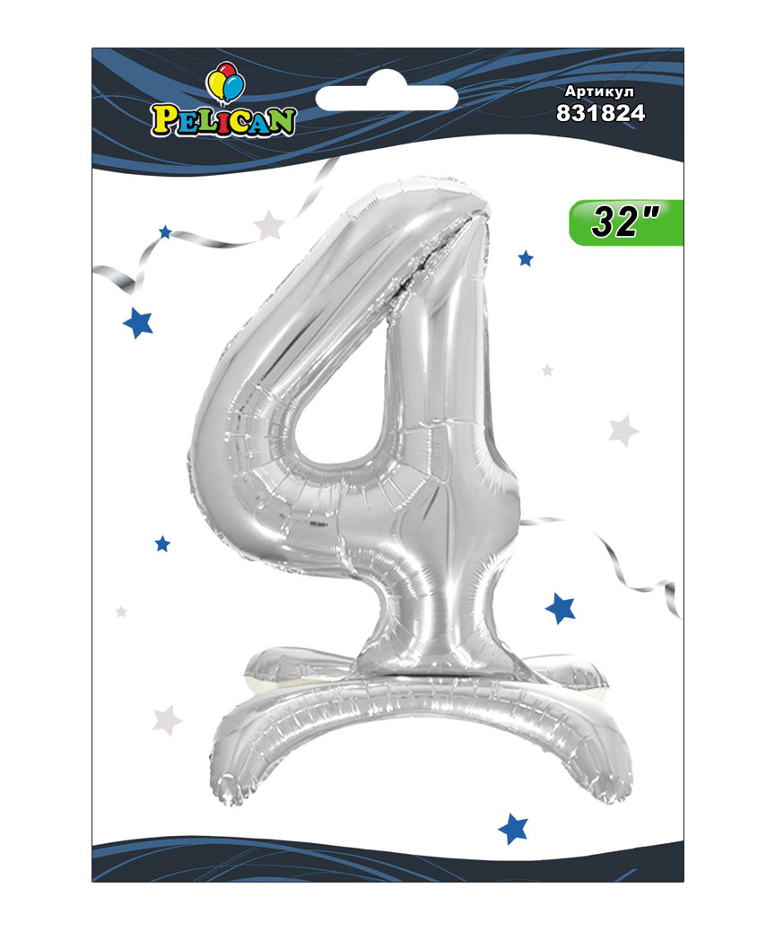 Цифра на подставке Pelican, "4" серебро 80см, (индивидуальная упак.)