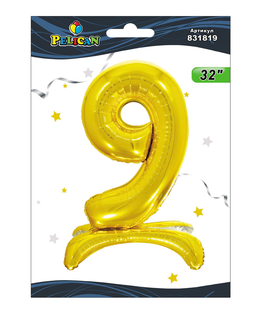 Цифра на подставке Pelican, "9" золото 80см, (индивидуальная упак.)