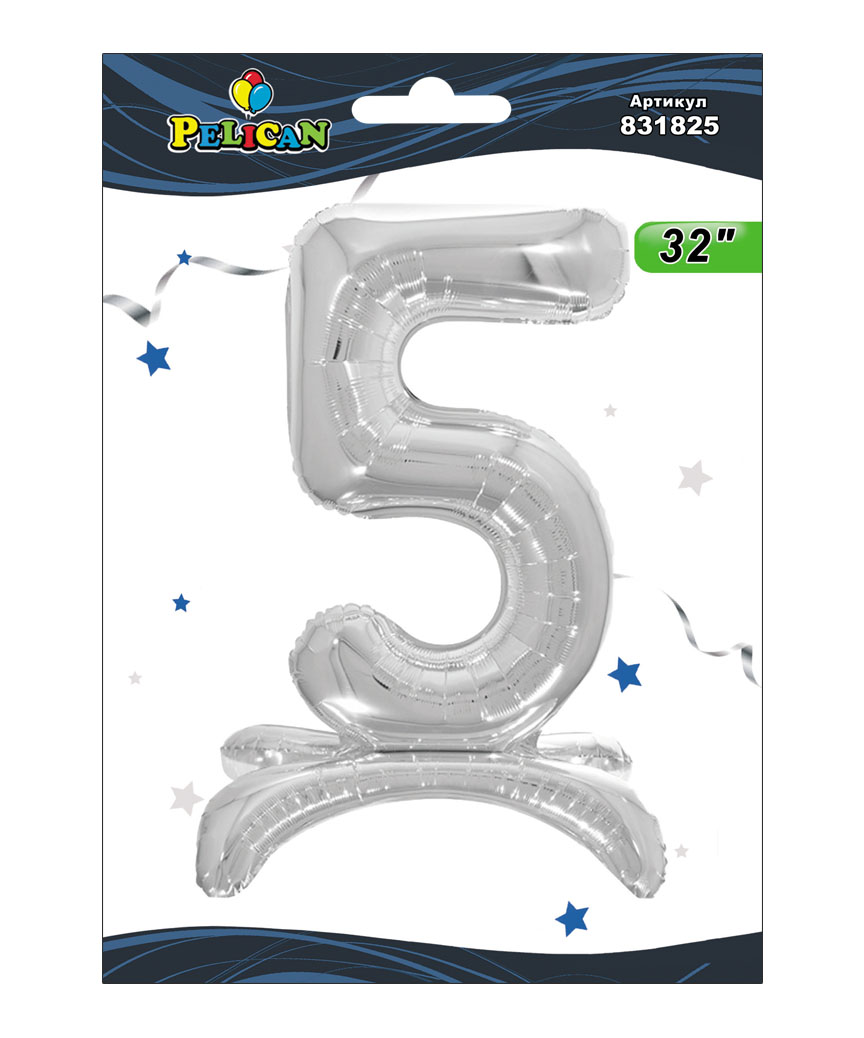 Цифра на подставке Pelican, "5" серебро 80см, (индивидуальная упак.)