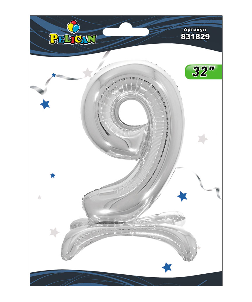 Цифра на подставке Pelican, "9" серебро 80см, (индивидуальная упак.)