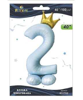 Купить Фольгована цифра з короною на підставці "2" блакитна  40"(100cm)  Pelican 1шт.