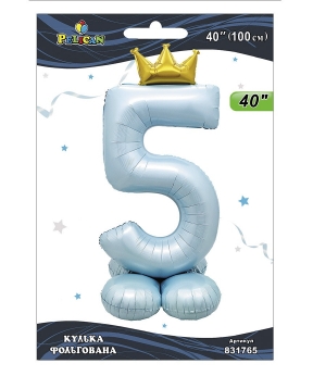 Купить Фольгована цифра з короною на підставці "5" блакитна  40"(100cm)  Pelican 1шт.