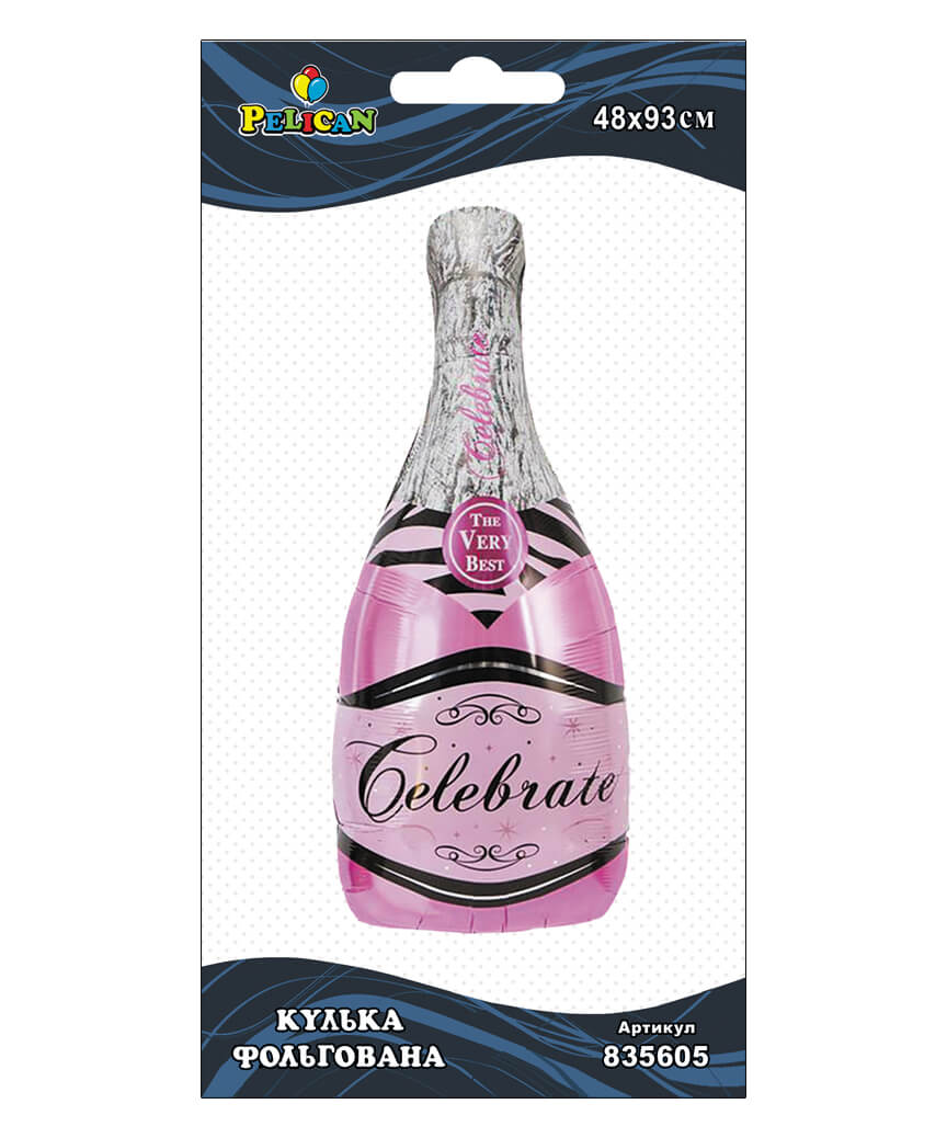 Шар фольг. Pelican, розовая бутылка шампанского, 104см (индивидуальная упак.)