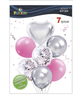 Купить Набір з 7  кульок "Серце, срібний мікс з яскраво- рожевим" Pelican