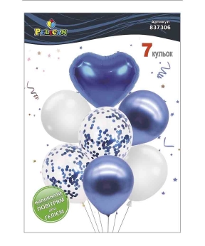 Купить Набір з 7  кульок "Серце, біло- синій мікс з хромом" Pelican