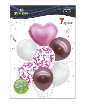 Купить Набір з 7  кульок "Серце, біло- рожевий мікс з хромом" Pelican
