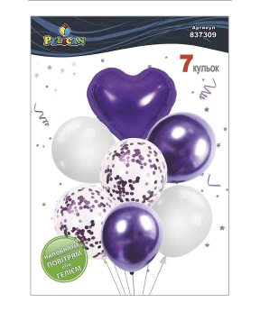 Купить Набір з 7  кульок "Серце, фіолетово- білий мікс з хромом" Pelican