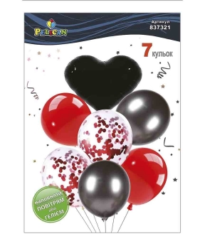 Купить Набір з 7  кульок "Серце, червоно- чорний мікс з хромом" Pelican
