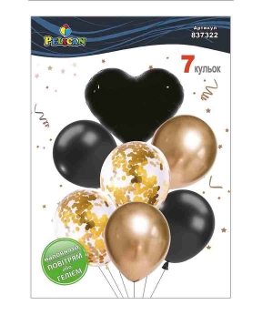 Купить Набір з 7  кульок "Серце, чорно- золотий мікс з хромом" Pelican