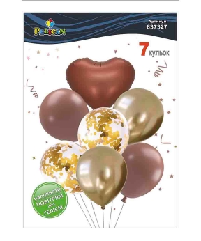 Купить Набір з 7  кульок "Серце, коричнево- золотий мікс з хромом" Pelican
