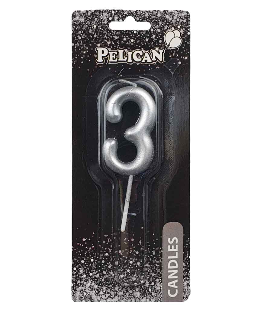 Свеча для торта Pelican "3" серебро  4,5см