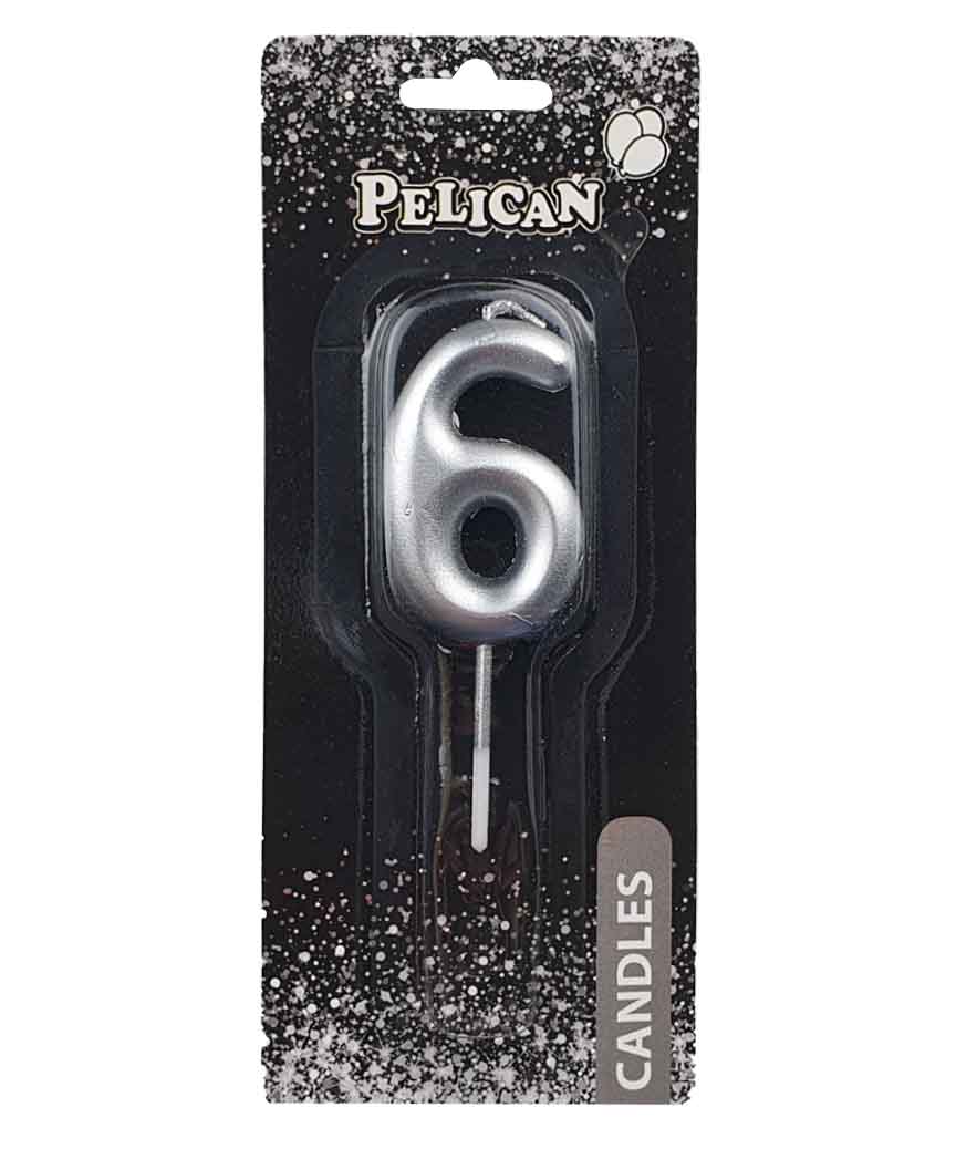 Свеча для торта Pelican "6" серебро  4,5см