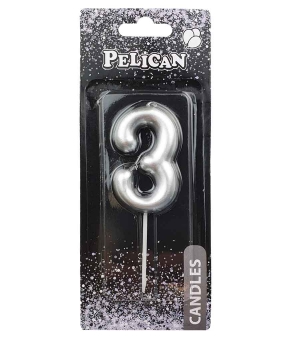 Купить Свеча для торта Pelican "3" серебро  6см