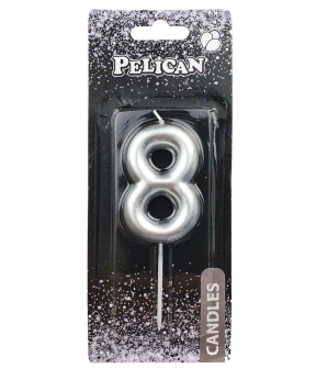 Купить Свеча для торта Pelican "8" серебро  6см