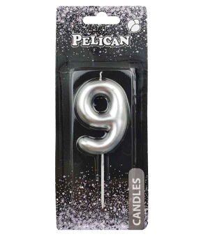 Купить Свеча для торта Pelican "9" серебро  6см