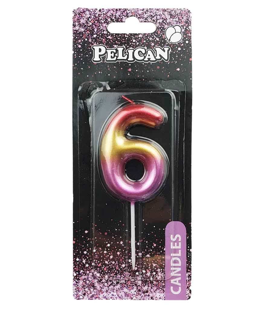 Свеча для торта Pelican  "6" радужная  6см