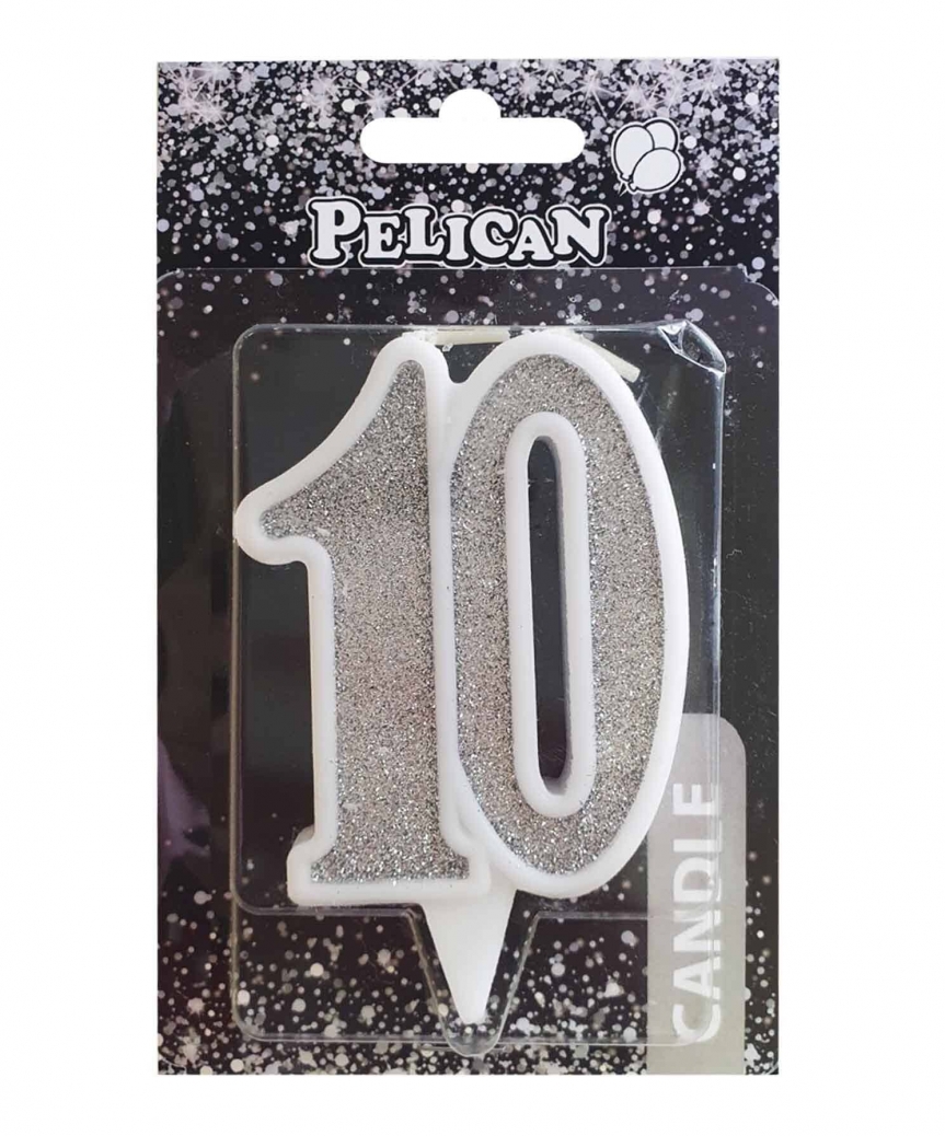 Свічка для торта цифра "10" СРІБЛО  7см, TM Pelican