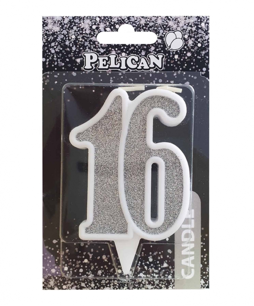 Свічка для торта цифра "16" СРІБЛО  7см, TM Pelican