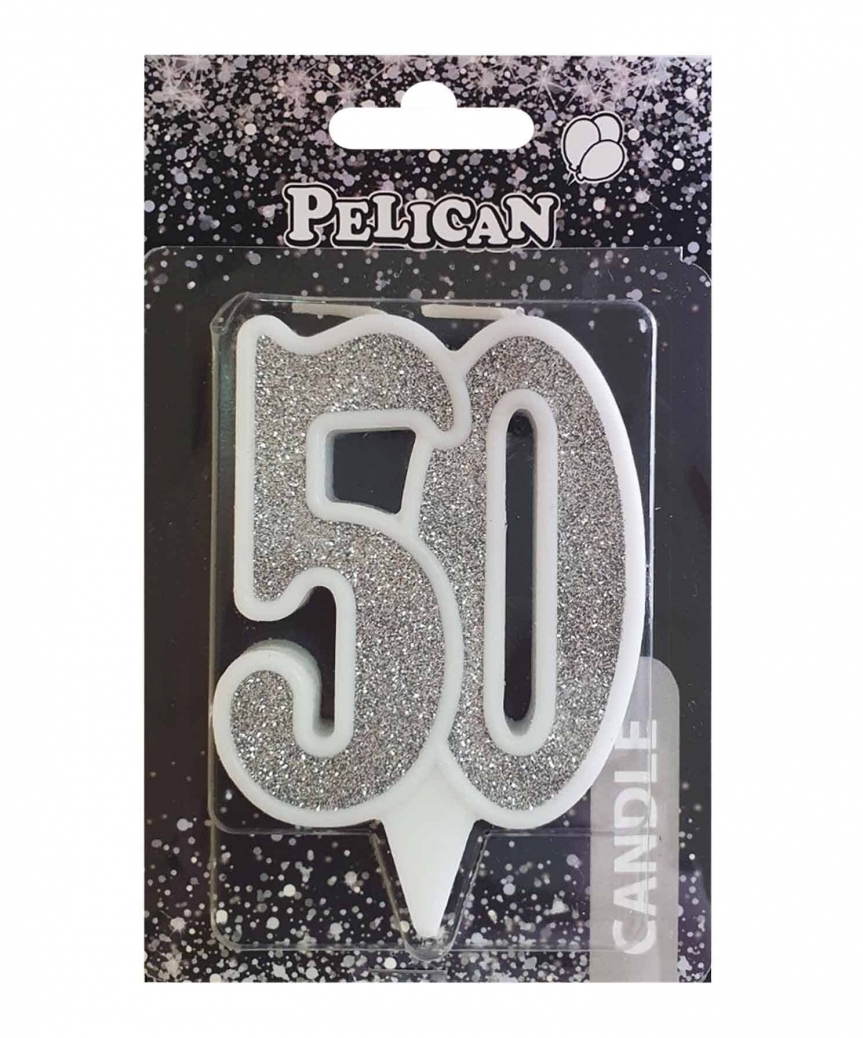 Свічка для торта цифра "50" СРІБЛО 7см, TM Pelican